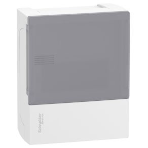  Schneider Electric Resi9 Mini Pragma - MIP12106T - Tablou de distribuție mic, ușă transparentă din sticlă mată, montare pe suprafață, 1x6 module, șină PEN, alb