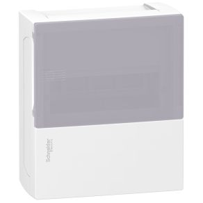   Schneider Electric Resi9 Mini Pragma - MIP12108T - Tablou de distribuție mic, ușă transparentă din sticlă mată, montare pe suprafață, 1x8 module, șină PEN, alb