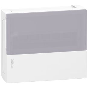   Schneider Electric Resi9 Mini Pragma - MIP12112T - Tablou de distribuție mic, ușă transparentă din sticlă mată, montare pe suprafață, 1x12 module, șină PEN, alb