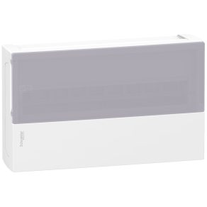   Schneider Electric Resi9 Mini Pragma - MIP12118T - Tablou de distribuție mic, ușă transparentă din sticlă mată, montare pe suprafață, 1x18 module, șină PEN, alb