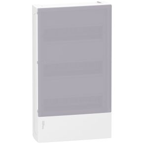   Schneider Electric Resi9 Mini Pragma - MIP12312T - Tablou de distribuție mic, ușă transparentă din sticlă mată, montare pe suprafață, 3x12 module, șină PEN, alb