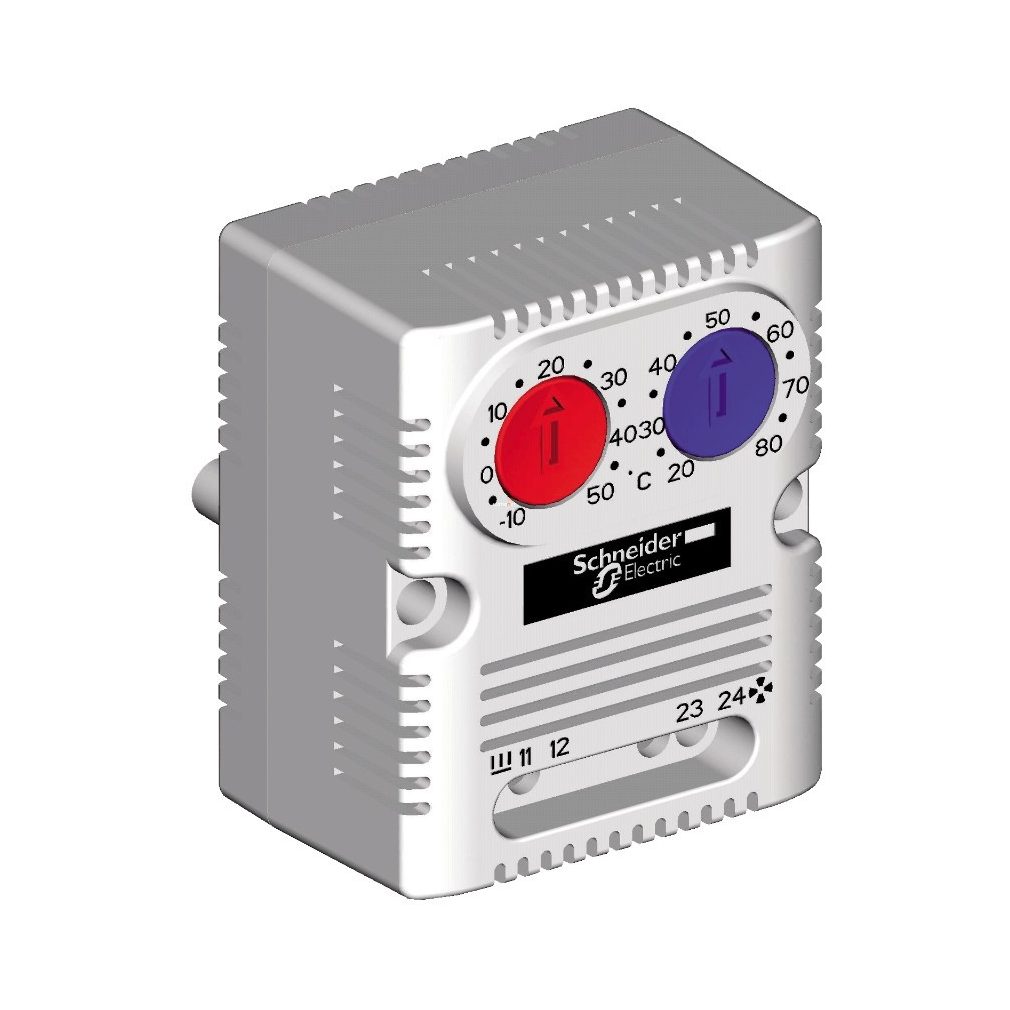 Termostat dublu Schneider, -10-50°C încălzire, 20-80°C răcire, 1NO+1NC, 10A/250VAC, 30W DC (NSYCCOTHD)