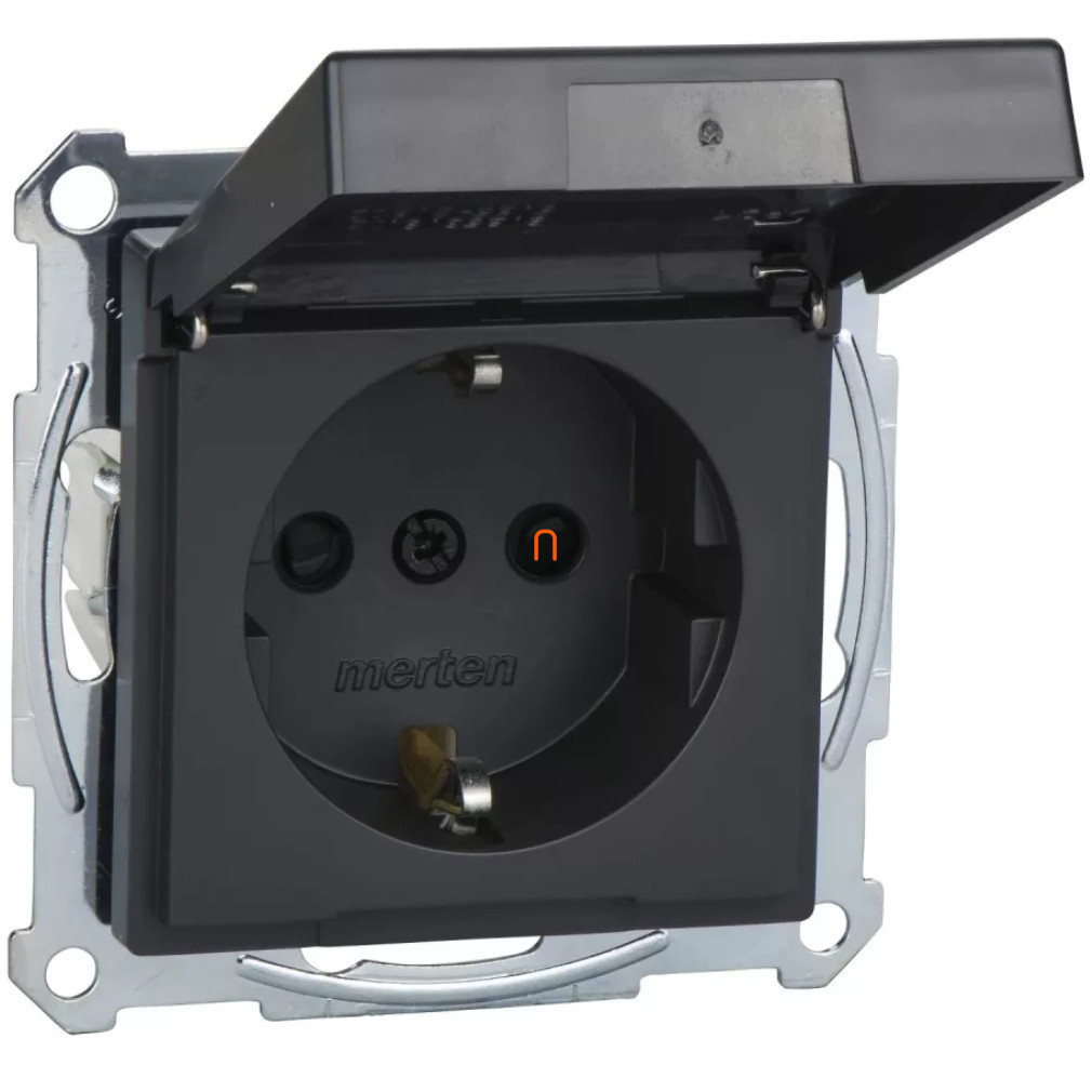 Schneider Merten 2P+F priză, cu capac de siguranță, capac cu clapetă, racord cu arc, 16A, antracit - IP44 (System-M)