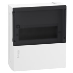   Schneider Electric Resi9 Mini Pragma - MIP12108S - Tablou de distribuție mic, ușă transparentă de culoare fum, montat la suprafață, 1x8 module, șină PEN, complet, alb