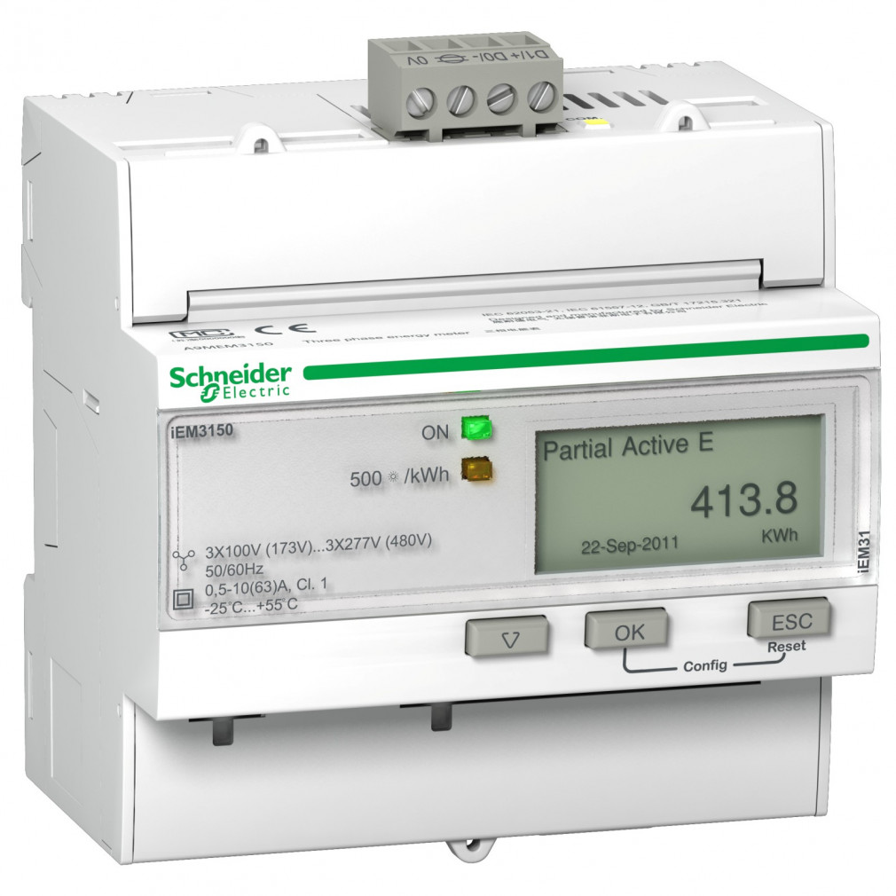 Contor de consum direct Schneider 3F 63A digital, șină DIN, MODBUS A9MEM3150