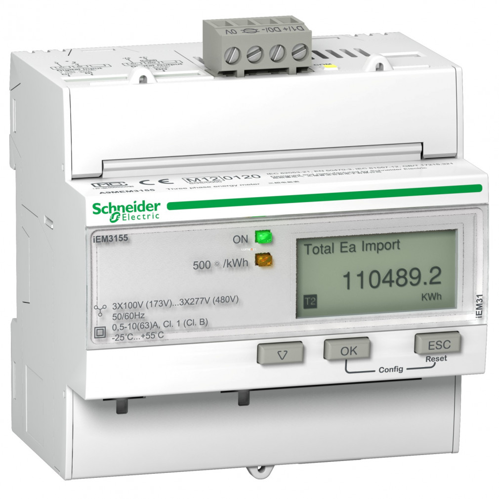 Contor de consum Schneider direct 3F 63A digital, certificat MID, șină DIN, MODBUS (A9MEM3155)