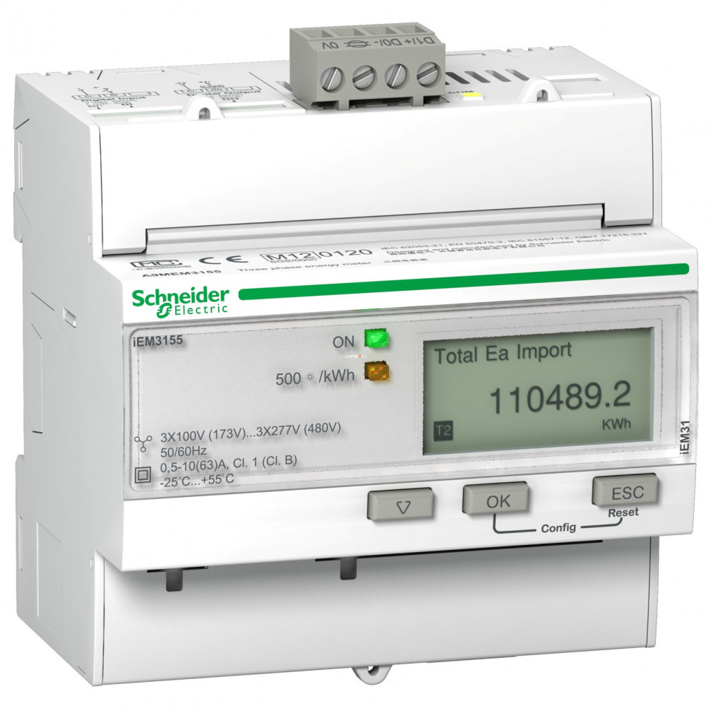 Contor de consum Schneider direct 3F 63A digital, certificat MID, pentru șină DIN, MODBUS (A9MEM3155)