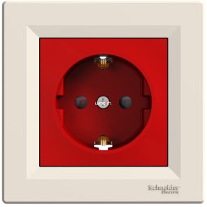   Priză Schneider Electric Asfora încastrată 2P+F cu împământare, roșie, cu protecție pentru copii, cadru și capac, bej