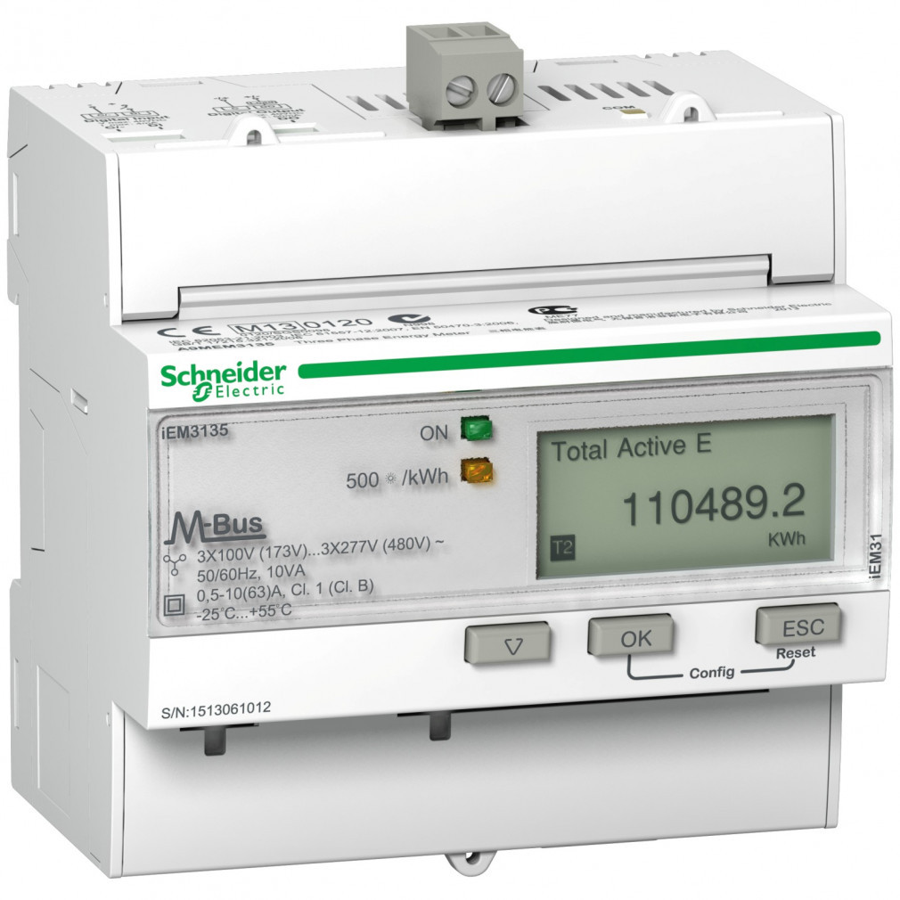 Contor de consum Schneider direct 3F 63A digital, certificat MID, pentru șină DIN, M-Bus A9MEM3135