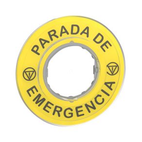   Schneider Electric Harmony XB4 - ZBY9420 - etichetă marcată Ø60 - pentru oprire de urgență - PARADA DE EMERGENCIA/logo ISO13850