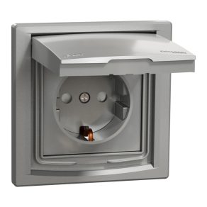   Schneider Electric Asfora - EPH3100361 - Priză 2P+F, cu obturator de siguranță, cu capac - IP44, aluminiu