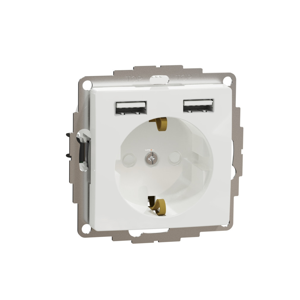 Schneider Electric Sedna Design Elements priză albă 2P+F cu încărcător USB dublu, capac de siguranță, conectare cu arc, sarcină maximă 16A/2,4A, SDD111052