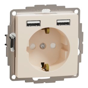   Schneider Electric Sedna Design & Elements - SDD112052 - Priză 2P+F, BZS, cu încărcător USB dublu, cu arc, 16A/2,4A, bej