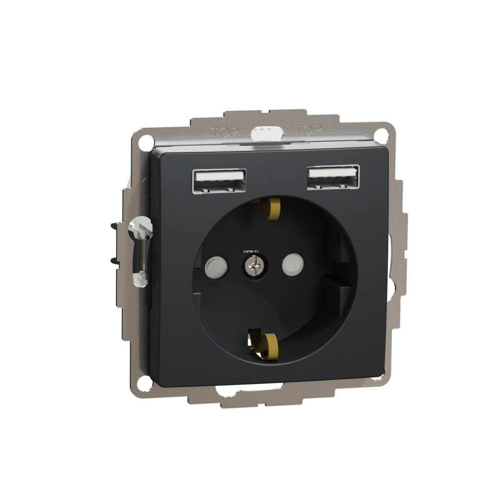 Schneider Electric Sedna Design Elements antracit 2P+F priză cu încărcător USB dublu, capac de siguranță, curacă cu arc, sarcină maximă 16A/2,4A, SDD114052