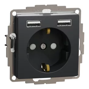   Schneider Electric Sedna Design & Elements - SDD114052 - Priză 2P+F, BZS, cu încărcător dublu USB, cu arc, 16 A/2,4 A, antracit