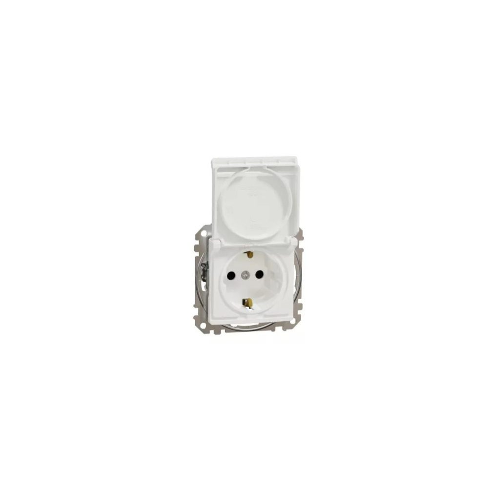 Schneider Electric Sedna Design Elements priză albă 2P+F cu capac de siguranță, capac rabatabil, curac cu arc, protecție IP44, sarcină maximă 16A, SDD211024