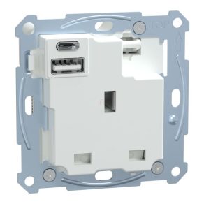   Schneider Electric Merten - MTN2125-0000 - Priză britanică 2P+F, cu obturator de siguranță, încărcător USB A+C, cu întrerupător, cu șurub, 13A / 3A