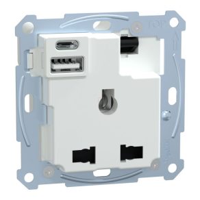   Schneider Electric Merten - MTN2175-0000 - Priză multistandard 2P+F, cu obturator de siguranță, încărcător USB A+C, comutator, tip șurub, 13A / 3A