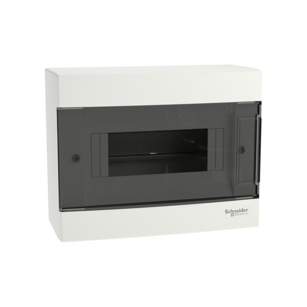 Schneider distribuitor mic, montat pe perete, 1 rând, 8 module, cu ușă fumurie, IP40, șină PE/N Easy9 (EZ9EUC108)