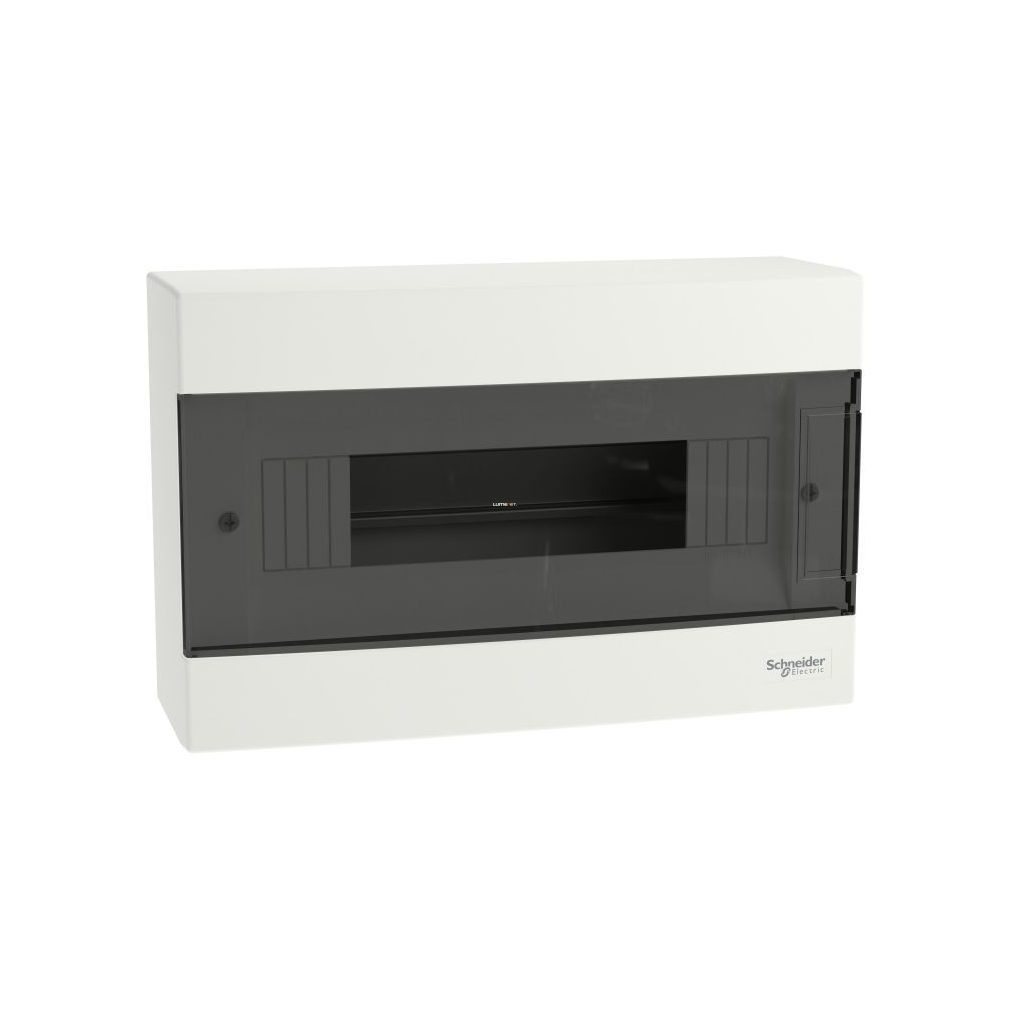 Schneider distribuitor mic, montat pe perete, 1 rând, 12 module, cu ușă fumurie, IP40, șină PE/N Easy9 (EZ9EUC112)