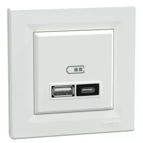   Schneider Electric Asfora - EPH2700521 - încărcător USB dublu, A+C, 21 W, cu ramă, alb