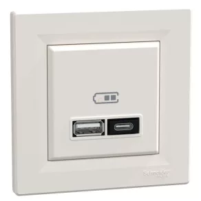   Schneider Electric Asfora - EPH2700523 - încărcător USB dublu, A+C, 21 W, cu ramă, bej
