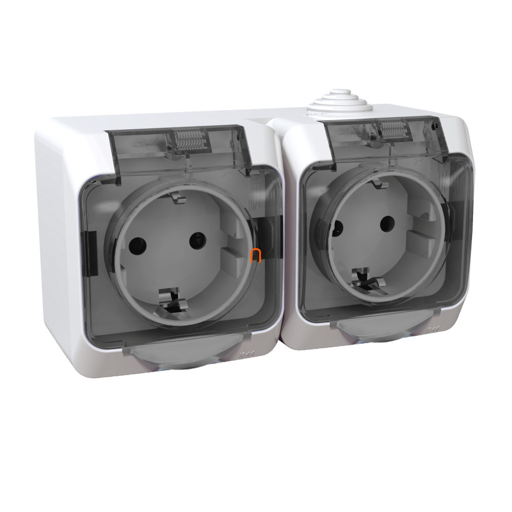 CEDAR PLUS 2x2P+F priză cu protecție pentru copii, capac transparent gri, IP44, alb WDE000526 Schneider