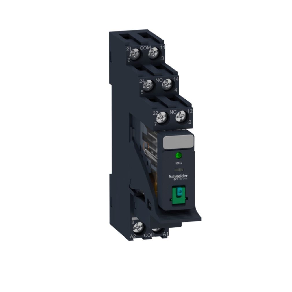 RXG Interfață releu cu priză, 2CO, 5A, 24VDC, buton de testare, LED RXG22BDPV Schneider