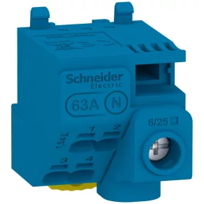   Schneider Electric Resi9 - LGYT1N05 - Bloc de conectare, 1 x 6/25 (șurub) + 4 x 1,5/4 (conectare rapidă) (63 A) + jumper