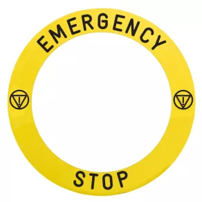   Schneider Electric Harmony XB5 - ZBY8L330 - semn circular galben, Ø90, ZB5AS84W** pentru oprire de urgență, cu logo, OPRIRE DE URGENȚĂ