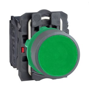   Schneider Electric Harmony XB5 - XB5AA35C0 - buton complet din plastic, Ø22, retur, 1NO+1NC, verde, inel gri