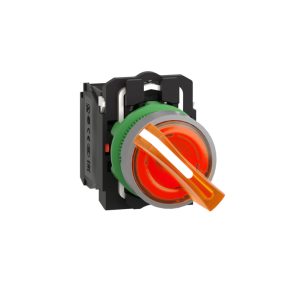   Schneider Electric Harmony XB5 - XB5AK125M5C0 - comutator selector complet din plastic, iluminat cu LED, Ø22, 2 poziții, 230 VAC, 1NO+1NC, portocaliu, inel gri