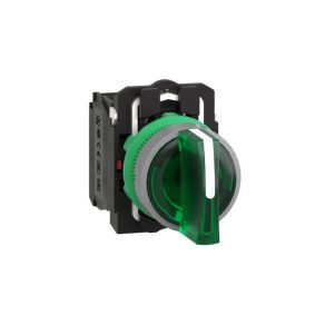   Schneider Electric Harmony XB5 - XB5AK133B5C0 - comutator selector complet din plastic, iluminat cu LED, Ø22, 3 poziții, 24 V, 1NO+1NC, verde, inel gri