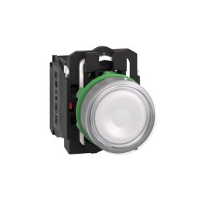   Schneider Electric Harmony XB5 - XB5AW31B5C0 - buton complet din plastic iluminat cu LED, Ø22, retur, 1NO+1NC, 24VAC/DC, alb, inel gri