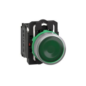   Schneider Electric Harmony XB5 - XB5AW33B5C0 - buton complet din plastic iluminat cu LED, Ø22, retur, 1NO+1NC, 24VAC/DC, verde, inel gri