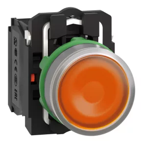   Schneider Electric Harmony XB5 - XB5AW35B5C0 - buton complet din plastic iluminat cu LED, Ø22, retur, 1NO+1NC, 24VAC/DC, portocaliu, inel gri