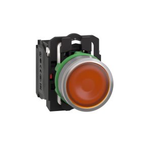   Schneider Electric Harmony XB5 - XB5AW35M5C0 - buton complet din plastic iluminat cu LED, Ø22, retur, 1NO+1NC, 230VAC, portocaliu, inel gri