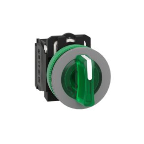   Schneider Electric Harmony XB5 - XB5FK133B5C0 - întrerupător complet din plastic pentru montare încastrată, Ø30, 3 poziții, 24 V, 1NO+1NC, verde, inel gri