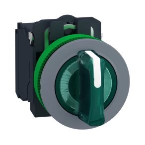   Schneider Electric Harmony XB5 - XB5FK133M5C0 - întrerupător de lumină complet din plastic, montat încastrat, Ø30, 3 poziții, 230 VAC, 1NO+1NC, verde, inel gri