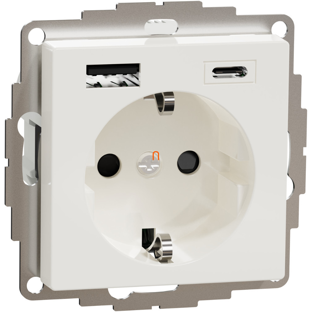Schneider Merten 2P+F priză, BZS, cu încărcător USB dublu, cu racordare cu arc, 16A / 3A, A+C, alb polar
