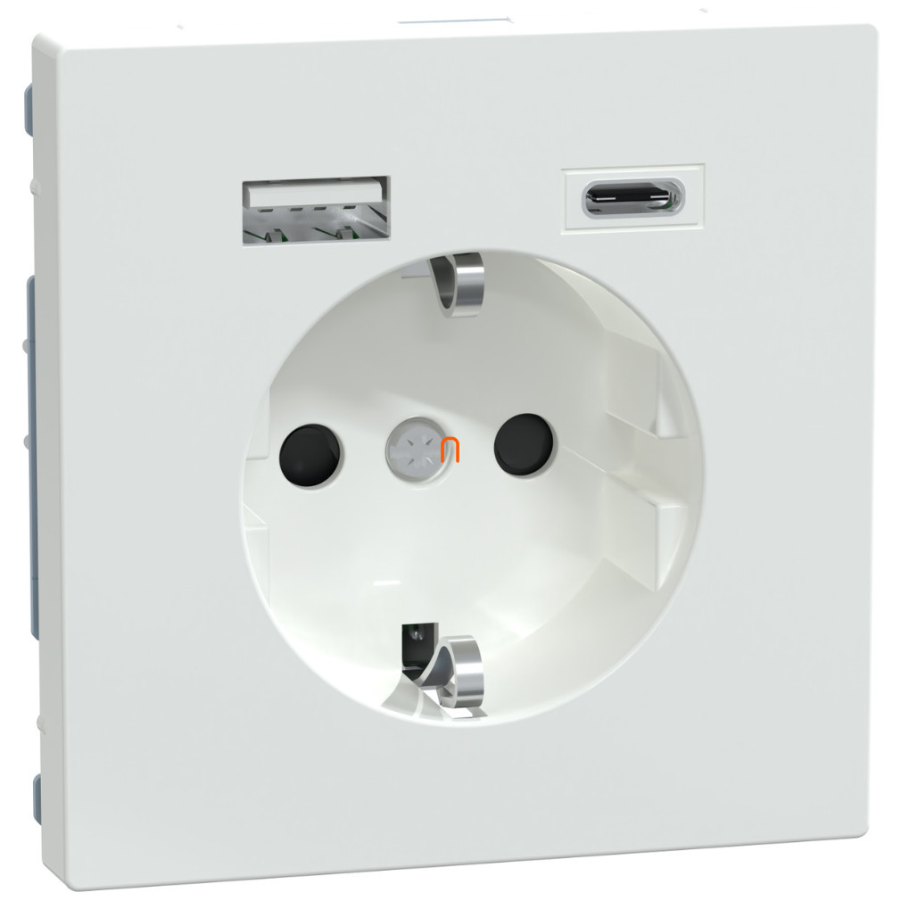 Schneider Merten 2P+F priză, BZS, cu încărcător USB dublu, cu racordare cu arc, 16A / 3A, A+C, alb lotus (System Design)