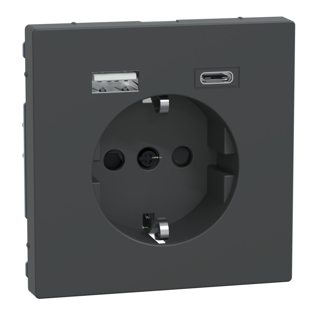 Schneider Merten 2P+F priză, BZS, cu încărcător USB dublu, cu racordare cu arc, 16A / 3A, A+C, antracit (System Design)