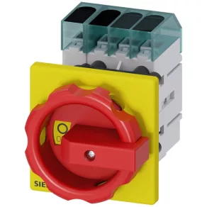   Întrerupător Siemens 3LD3154-0TL53, 3P+N, 25 A, pentru panou frontal, 66 x 66 mm, roșu/galben