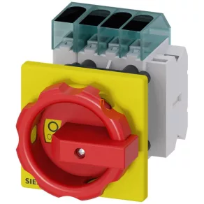   Comutator Siemens 3LD3454-1TL53, 3P+N, 63 A, pentru panou frontal, contact auxiliar +1NO+1NC, 66x66 mm, roșu/galben