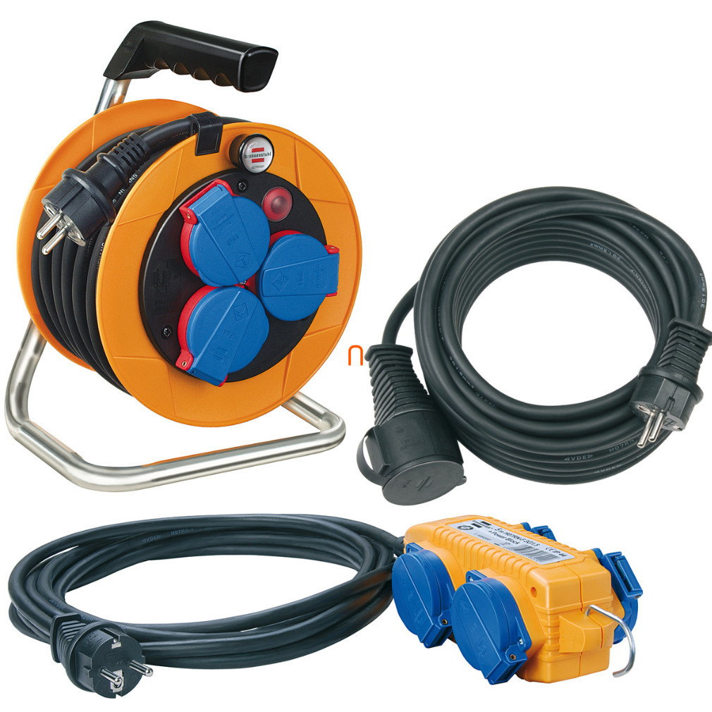Set prelungitor pentru exterior - tambur pentru cablu 10 m + prelungitor oscilant 10 m + distribuitor de rețea 5 m (Power-Pack)
