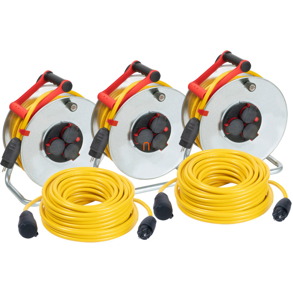 Set prelungitor pentru exterior - 3 tamburi pentru cablu de 50 m + 2 prelungitoare oscilante de 25 m (Power)