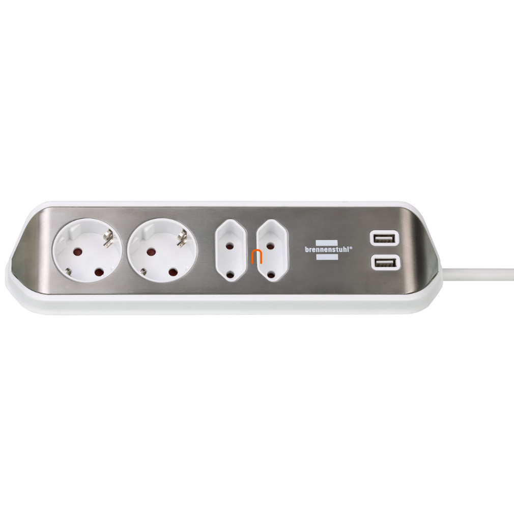 Distribuitor cu patru colțuri cu încărcător 1xEuro și 2xUSB 2m argintiu/alb (Estilo)