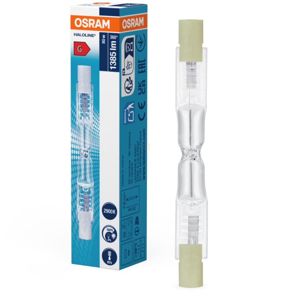Osram R7s bec halogen 80W, 1385 lm, 2900 K, alb cald, sticlă -64690