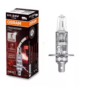   Far halogen Osram Truckstar Pro H1 pentru camioane, cu o luminozitate cu până la 120% mai mare, extrem de rezistent la vibrații, durată de viață foarte lungă, 24 V, 64155TSP, 1 buc./cutie
