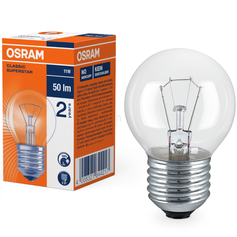 Osram E27 Bec, tub fluorescent 11W, 50 lm, 2700 K, alb cald, sticlă -Classic P